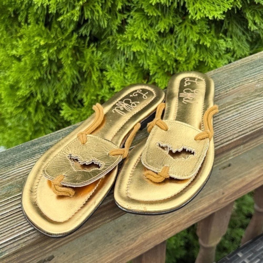 Gold Women's Slide Sandals flip flops L. Effel size 8 or 39EU